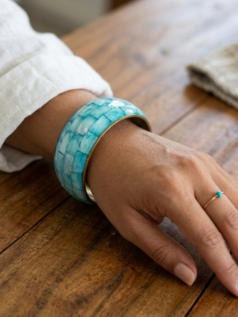 Vintage Boho Blue Mother of Pearl & Brass Inlay Bangle Bracelet
